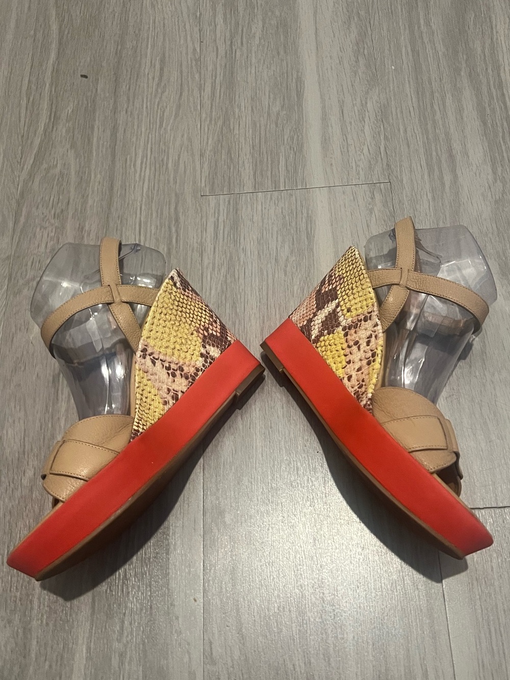 Cole Haan Tan Leather Wedge Sandals Snake-Print Heel Red Platform Size 10B - Picture 9 of 13